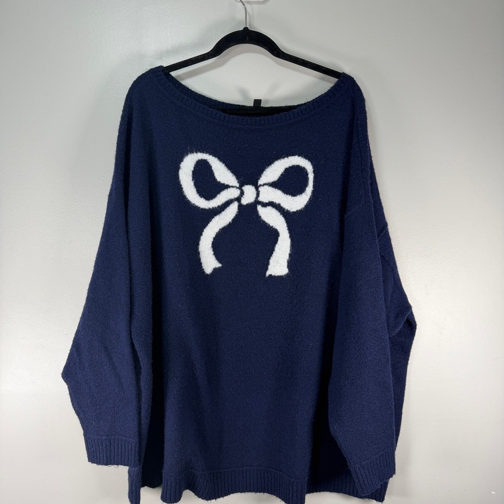 Torrid Navy Blue Bow Graphic Knit Sweater Plus Size Scoop Neck 3x Oversized